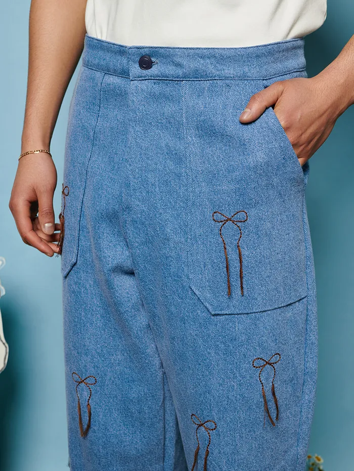 Women Sister Jane Bottoms Honeycomb Denim Trousers Washed Denim