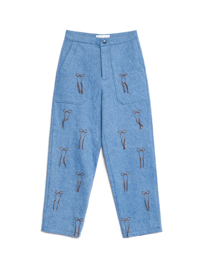 Women Sister Jane Bottoms Honeycomb Denim Trousers Washed Denim