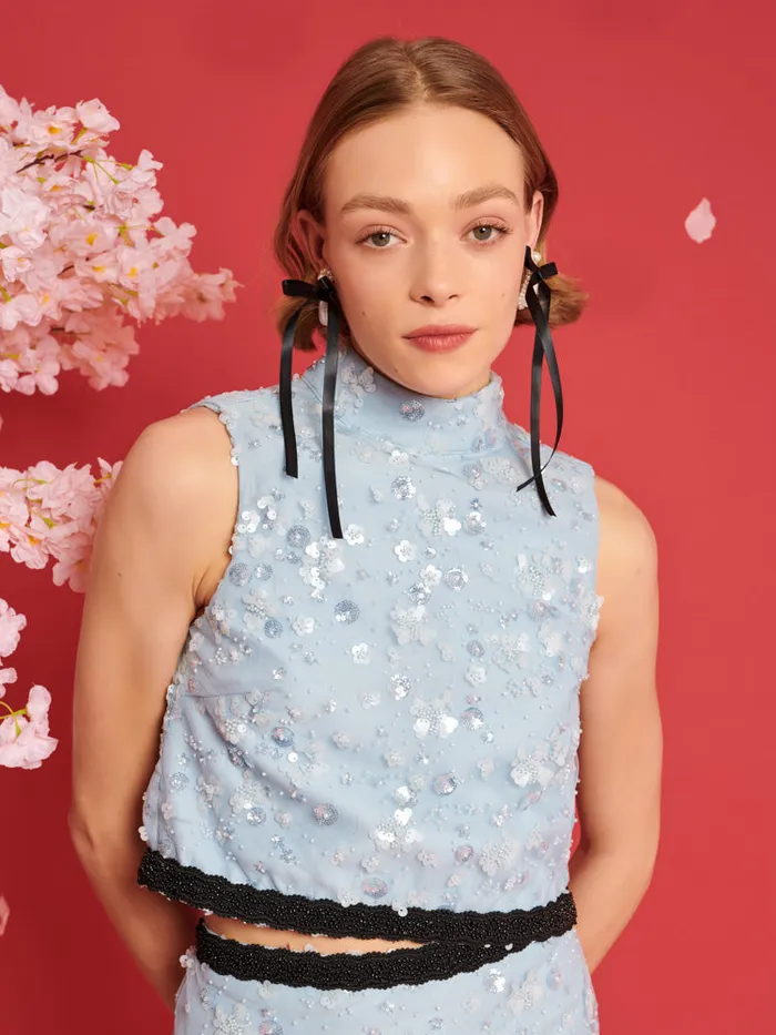 Women Sister Jane Tops DREAM Blossom Bead Cropped Top Pastel Blue