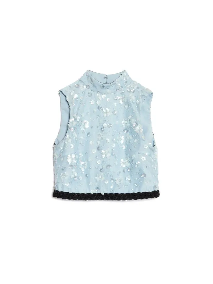 Women Sister Jane Tops DREAM Blossom Bead Cropped Top Pastel Blue