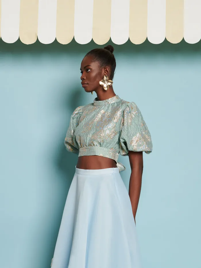 Women Sister Jane Tops DREAM Grape Jacquard Bow Top Celadon Blue