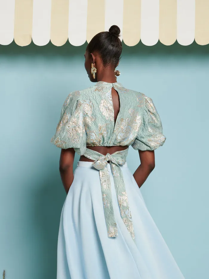 Women Sister Jane Tops DREAM Grape Jacquard Bow Top Celadon Blue