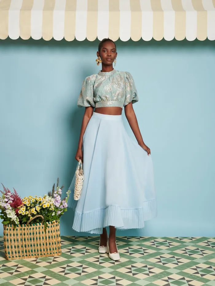 Women Sister Jane Tops DREAM Grape Jacquard Bow Top Celadon Blue