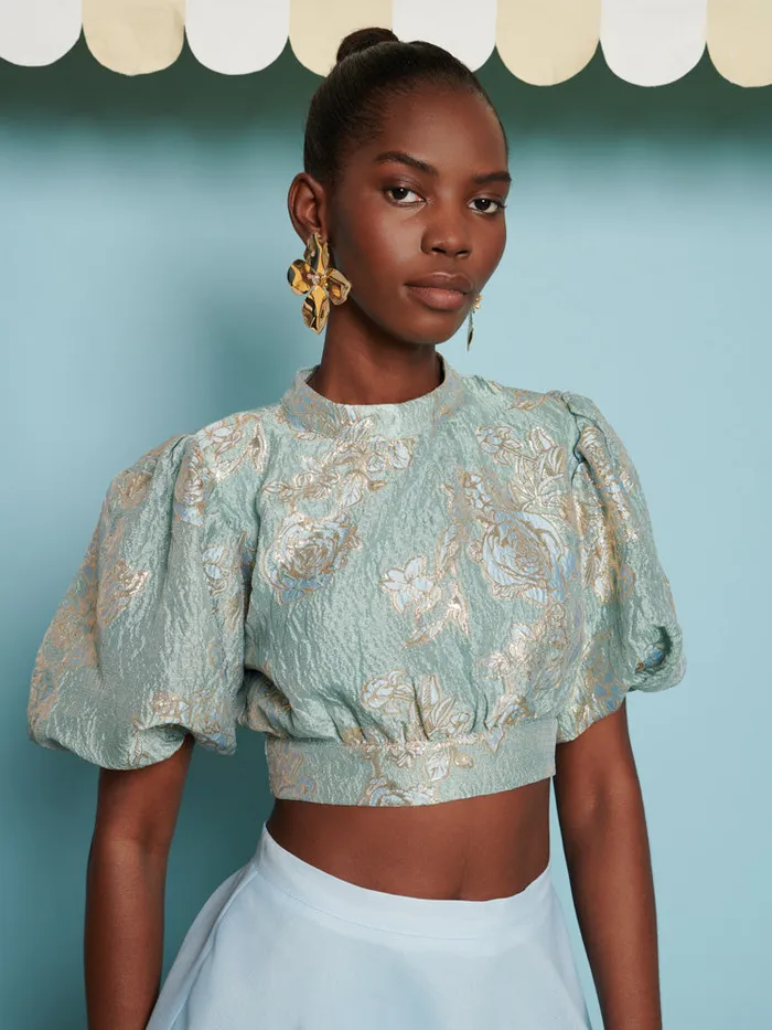 Women Sister Jane Tops DREAM Grape Jacquard Bow Top Celadon Blue