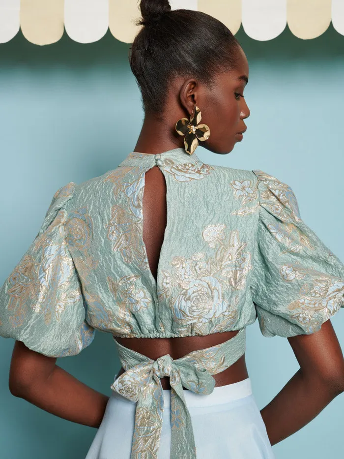 Women Sister Jane Tops DREAM Grape Jacquard Bow Top Celadon Blue