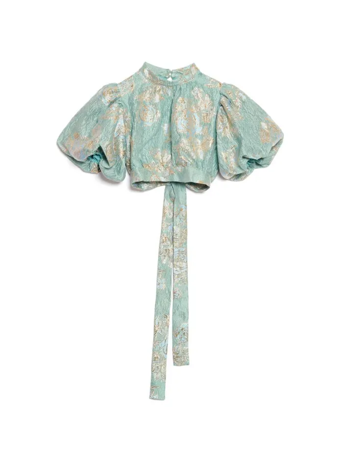 Women Sister Jane Tops DREAM Grape Jacquard Bow Top Celadon Blue