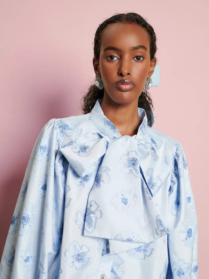 Women Sister Jane Tops DREAM Lily Floral Bow Blouse Cornflower Blue