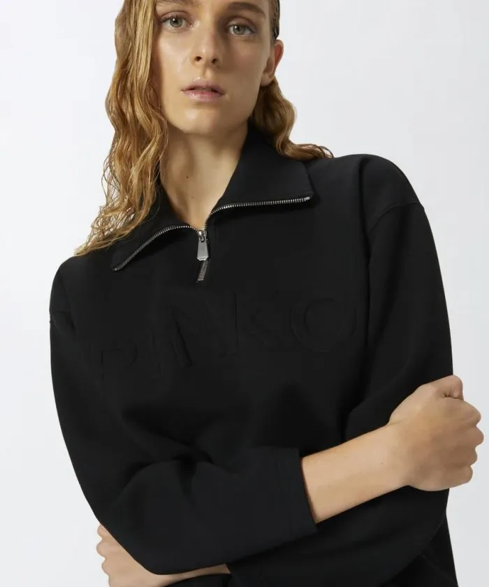 Women Sweatshirts Pinko Highneck Sweatshirt With Zip And Embroidered Logo Limo Black Women Sweatshirts Pinko Highneck Sweatshirt With Zip And Embroidered Logo Limo Black