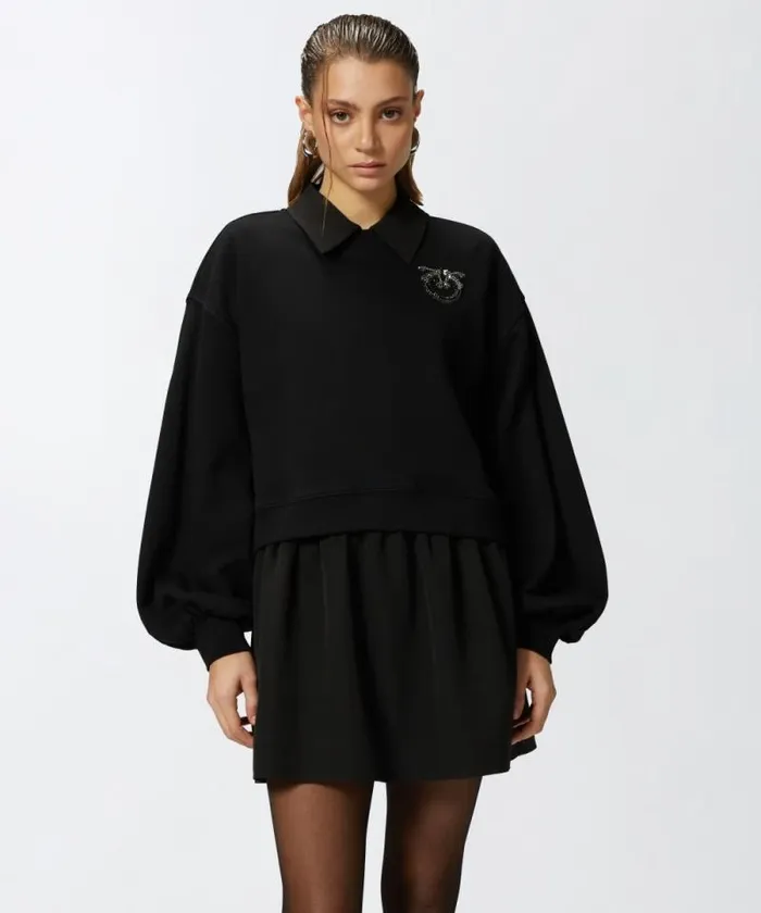 Women Sweatshirts Pinko Sweatshirt With Wide Sleeves And Bejewelled Love Birds Embroidery Limo Black Women Sweatshirts Pinko Sweatshirt With Wide Sleeves And Bejewelled Love Birds Embroidery Limo Black