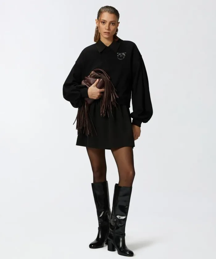 Women Sweatshirts Pinko Sweatshirt With Wide Sleeves And Bejewelled Love Birds Embroidery Limo Black Women Sweatshirts Pinko Sweatshirt With Wide Sleeves And Bejewelled Love Birds Embroidery Limo Black