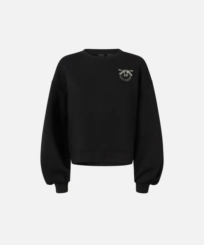 Women Sweatshirts Pinko Sweatshirt With Wide Sleeves And Bejewelled Love Birds Embroidery Limo Black Women Sweatshirts Pinko Sweatshirt With Wide Sleeves And Bejewelled Love Birds Embroidery Limo Black