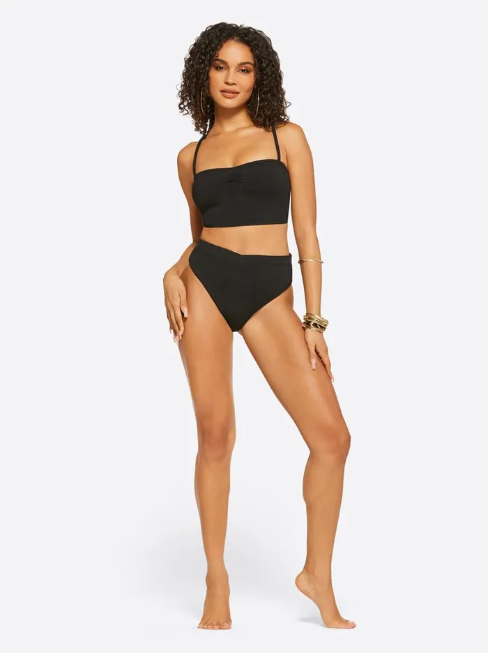 Women Swim Jessica Simpson Textured Solids V Front High Waisted Bottom In Black