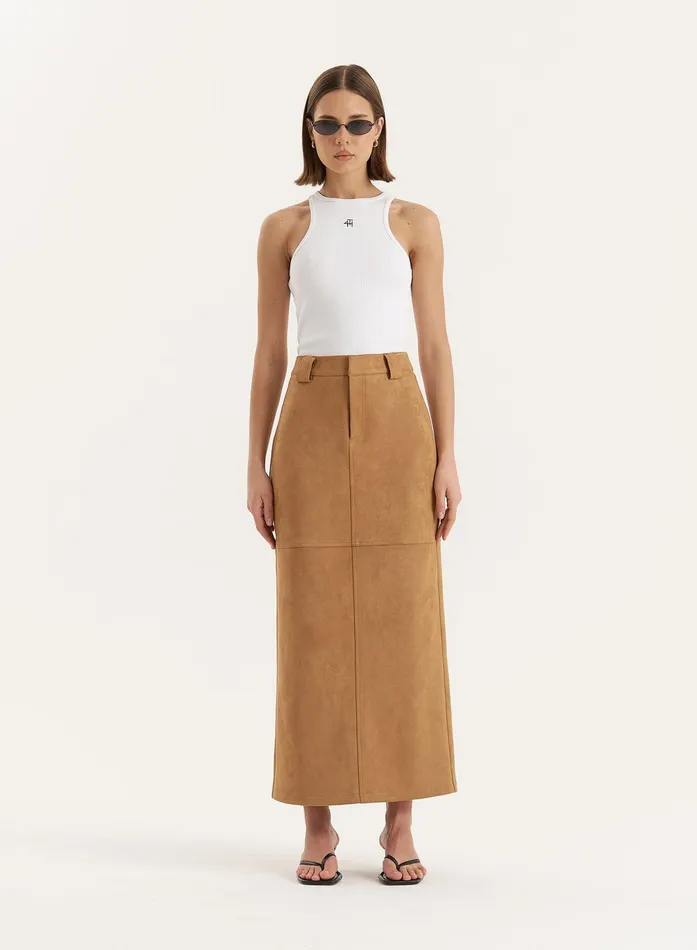 Women Tan Faux Suede Maxi Skirt Stephy 4th and Reckless Skirts