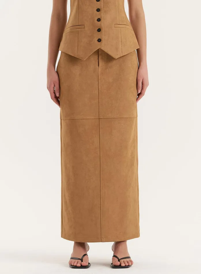 Women Tan Faux Suede Maxi Skirt Stephy 4th and Reckless Skirts