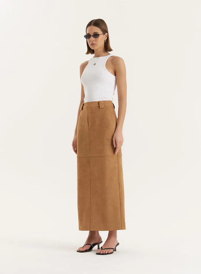 Women Tan Faux Suede Maxi Skirt Stephy 4th and Reckless Skirts