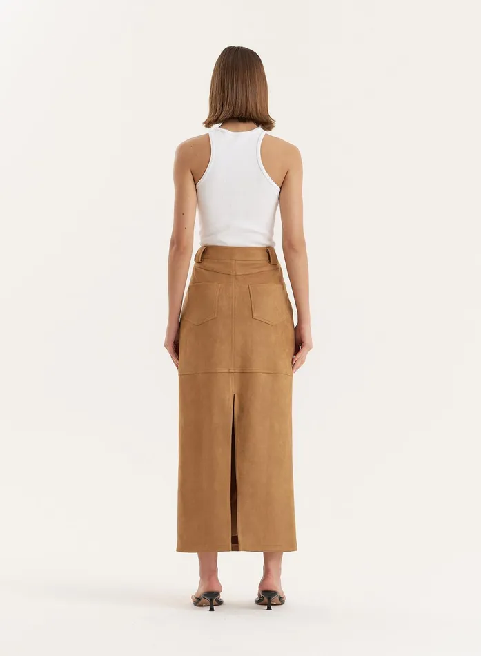 Women Tan Faux Suede Maxi Skirt Stephy 4th and Reckless Skirts