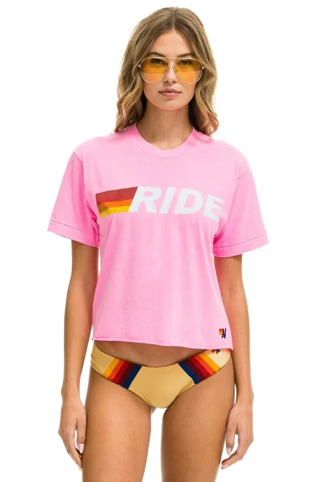 Women Tees Aviator Nation Ride Logo White Boyfriend Tee 8211 Neon Pink