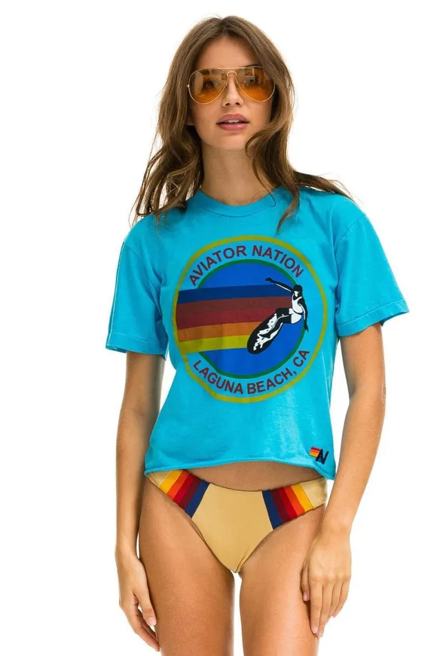 Women Tees Aviator Nation Signature Laguna Beach Boyfriend Tee 8211 Neon Blue
