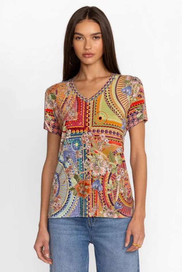 Women The Janie Favorite Short Sleeve VNeck Tee Garden Mosaic Johnny Was Tops Women The Janie Favorite Short Sleeve VNeck Tee Garden Mosaic Johnny Was Tops