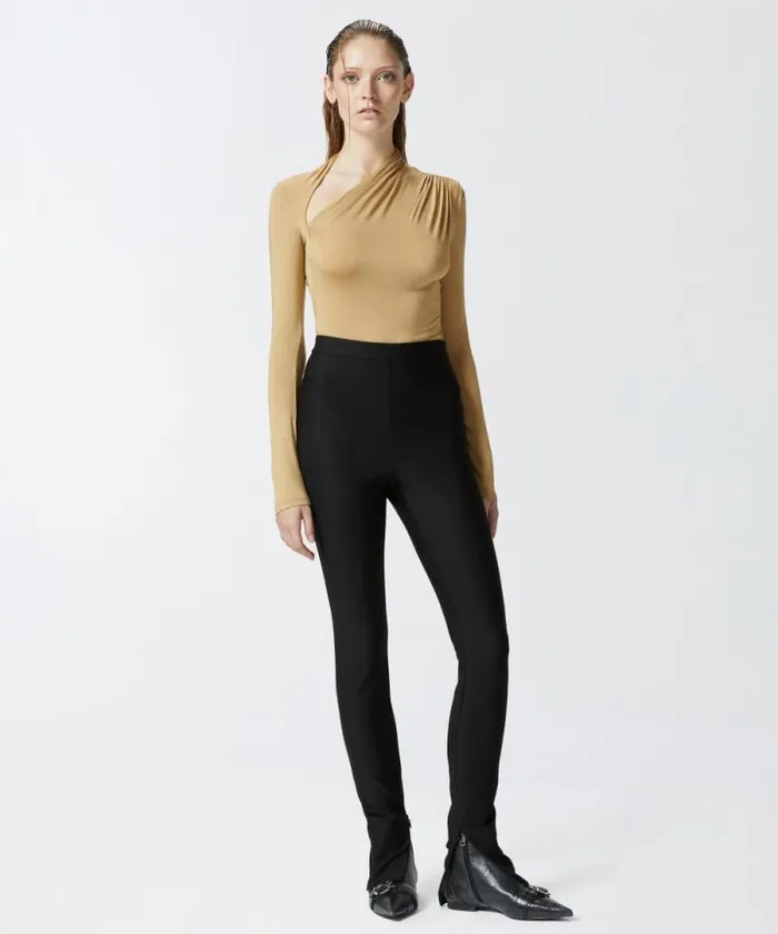 Women Topwear Pinko Longsleeved Bodysuit With Asymmetric Neck Dark Nougat Women Topwear Pinko Longsleeved Bodysuit With Asymmetric Neck Dark Nougat
