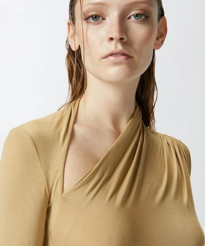 Women Topwear Pinko Longsleeved Bodysuit With Asymmetric Neck Dark Nougat Women Topwear Pinko Longsleeved Bodysuit With Asymmetric Neck Dark Nougat