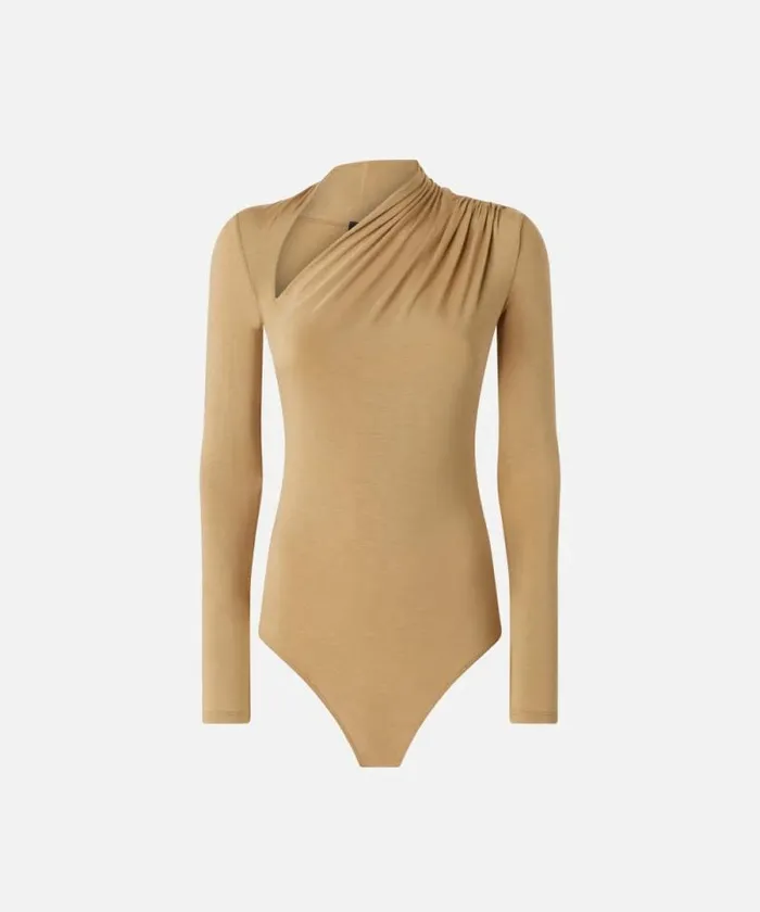 Women Topwear Pinko Longsleeved Bodysuit With Asymmetric Neck Dark Nougat Women Topwear Pinko Longsleeved Bodysuit With Asymmetric Neck Dark Nougat