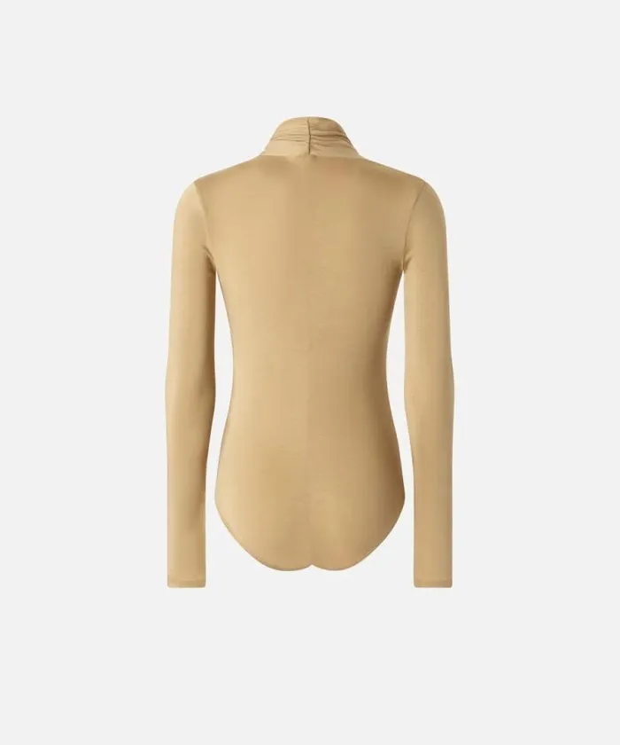 Women Topwear Pinko Longsleeved Bodysuit With Asymmetric Neck Dark Nougat Women Topwear Pinko Longsleeved Bodysuit With Asymmetric Neck Dark Nougat