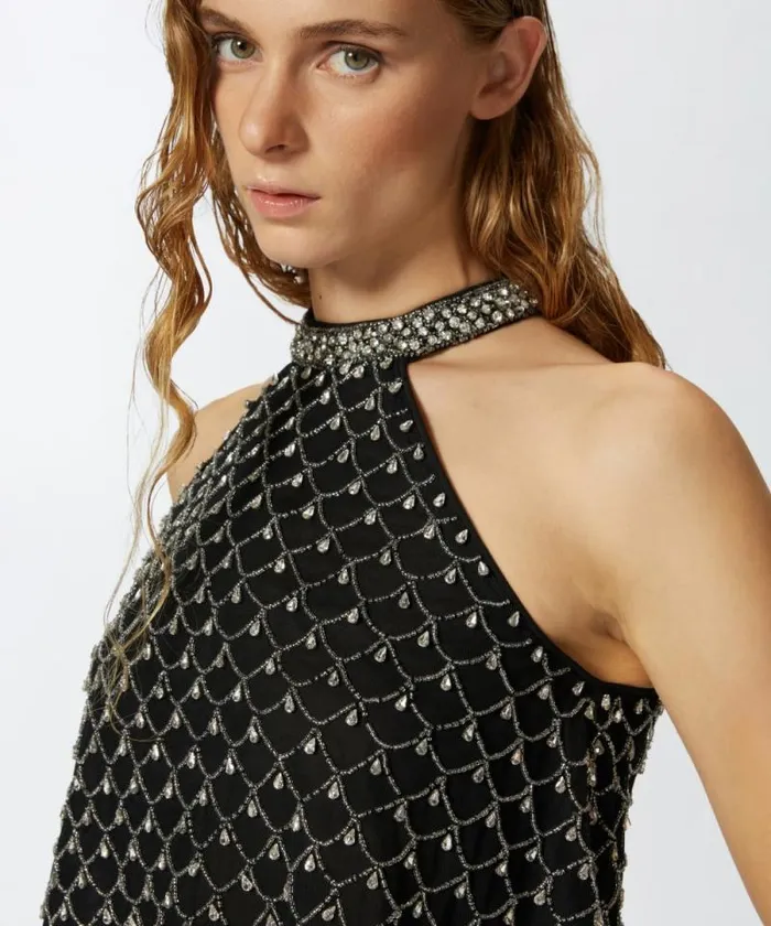 Women Topwear Pinko Sleeveless Tulle Top With Crystal Mesh Blackcrystal Women Topwear Pinko Sleeveless Tulle Top With Crystal Mesh Blackcrystal