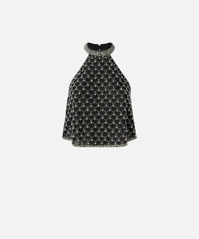 Women Topwear Pinko Sleeveless Tulle Top With Crystal Mesh Blackcrystal Women Topwear Pinko Sleeveless Tulle Top With Crystal Mesh Blackcrystal