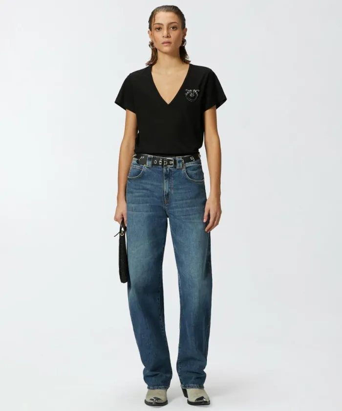 Women Topwear Pinko Vneck Tshirt With Jewel Embroidery Limo Black