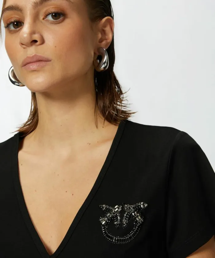 Women Topwear Pinko Vneck Tshirt With Jewel Embroidery Limo Black