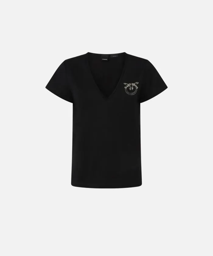 Women Topwear Pinko Vneck Tshirt With Jewel Embroidery Limo Black