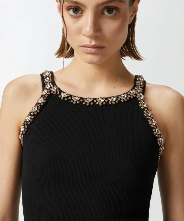 Women Topwear Pinko Vest Top With Shiny Embroidery Limo Black Women Topwear Pinko Vest Top With Shiny Embroidery Limo Black