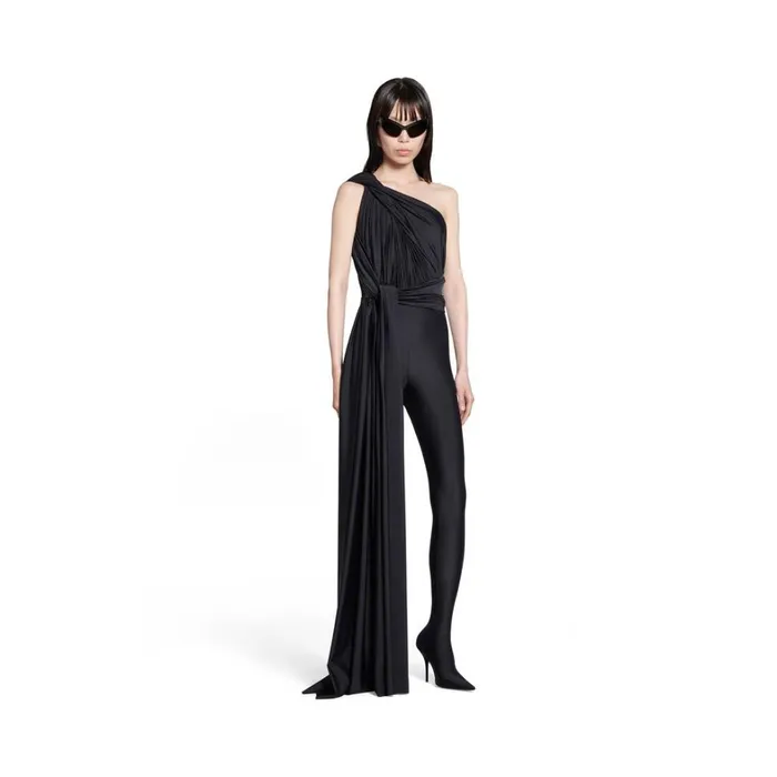 Women Trousers Balenciaga Draped Pantabodysuit In Black