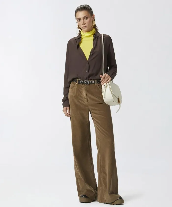Women Trousers Pinko Corduroy Palazzo Trousers Elm Wood Brown