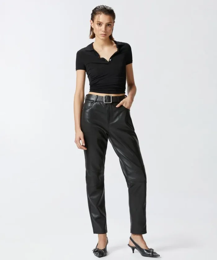 Women Trousers Pinko Nappa Leather Long Trousers With Belt Limo Black