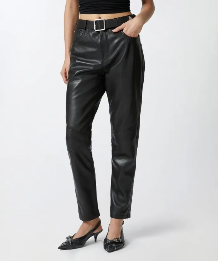 Women Trousers Pinko Nappa Leather Long Trousers With Belt Limo Black Women Trousers Pinko Nappa Leather Long Trousers With Belt Limo Black