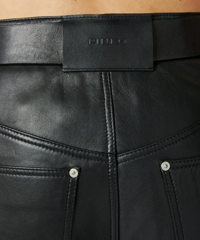 Women Trousers Pinko Nappa Leather Long Trousers With Belt Limo Black Women Trousers Pinko Nappa Leather Long Trousers With Belt Limo Black