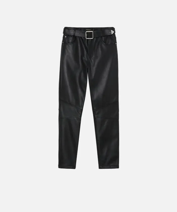 Women Trousers Pinko Nappa Leather Long Trousers With Belt Limo Black Women Trousers Pinko Nappa Leather Long Trousers With Belt Limo Black