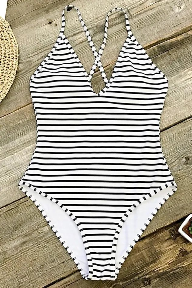 Women Tummy Control Swimsuits Cupshe Lasting Appeal Stripe One Piece Swimsuit Blackwhite