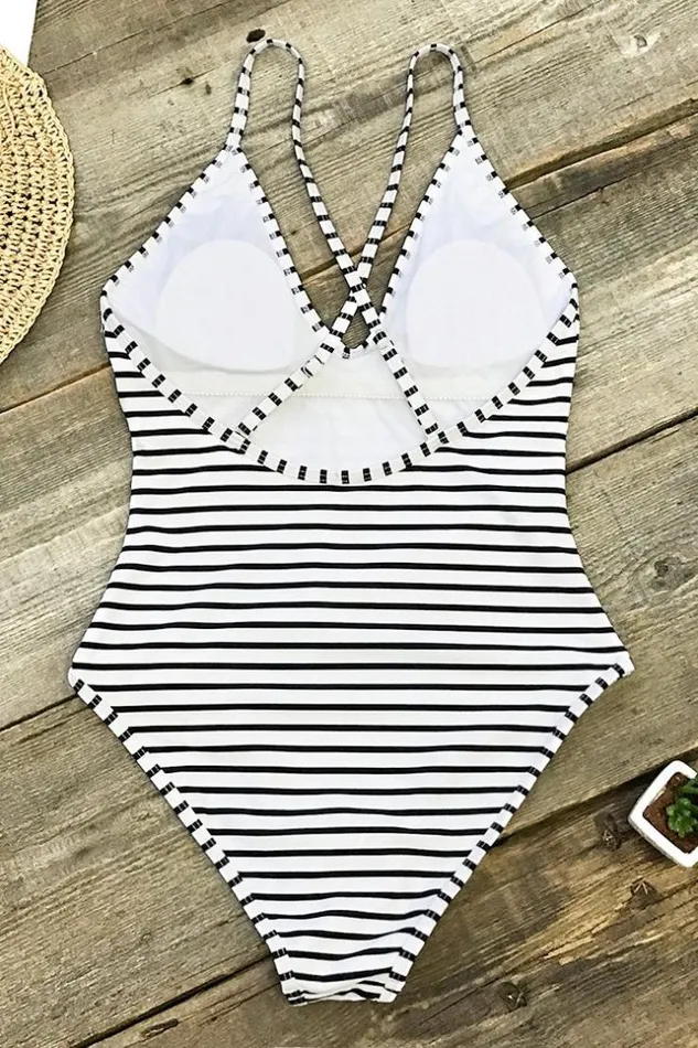 Women Tummy Control Swimsuits Cupshe Lasting Appeal Stripe One Piece Swimsuit Blackwhite