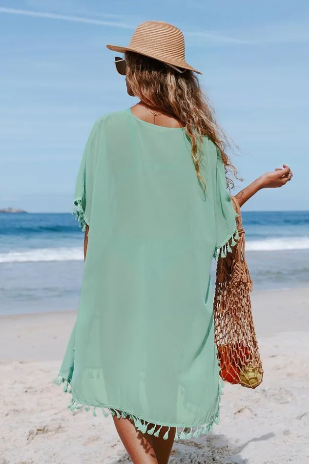 Women Tunic Cover Ups Cupshe Tinsley Light Green Vneck Tassel Split Cover Up Light Green